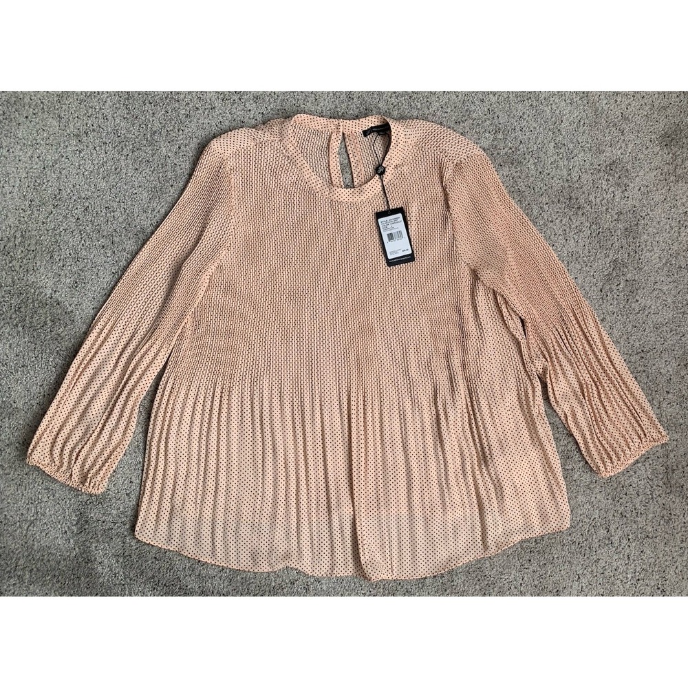 NWT Adrianna Papell Champagne Polka‎ Dot Pleated Georgette L/S Blouse LARGE
